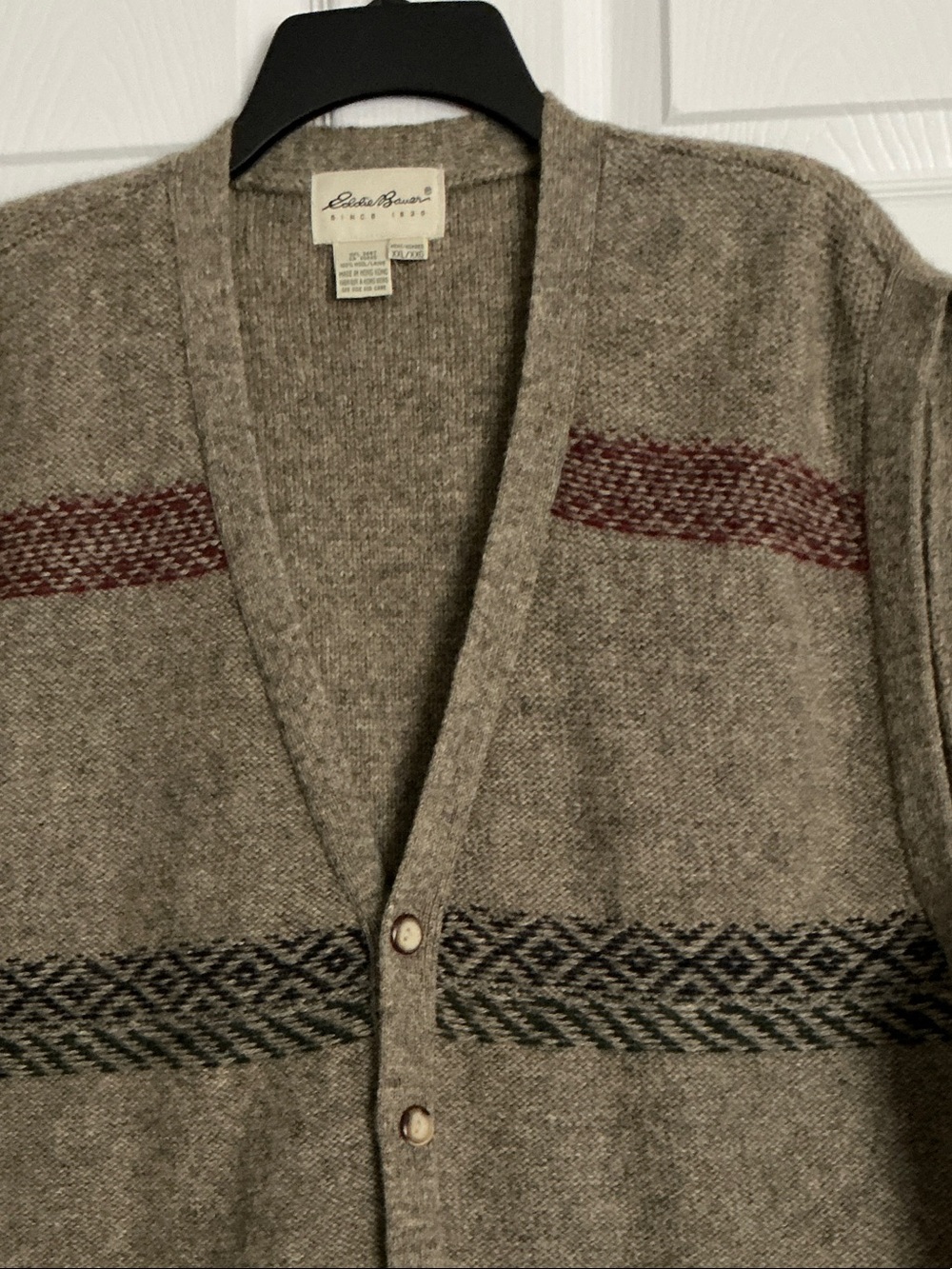 Eddie Bauer Taupe Button Cardigan with Maroon and Black Stripes